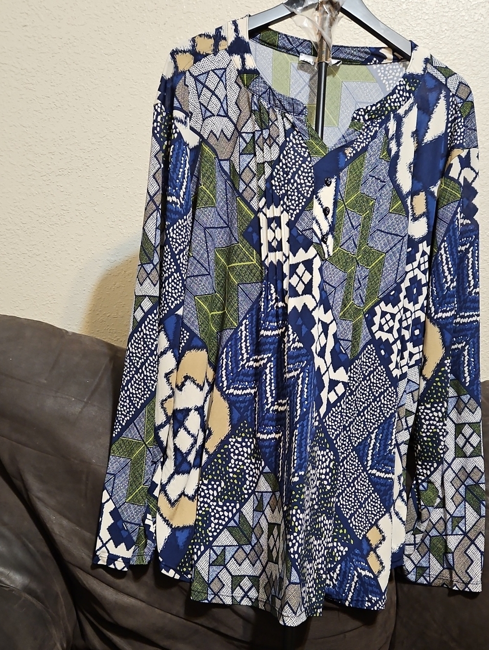 Southern Lady Navy Blue Green Cream Geometric Button-Front Blouse